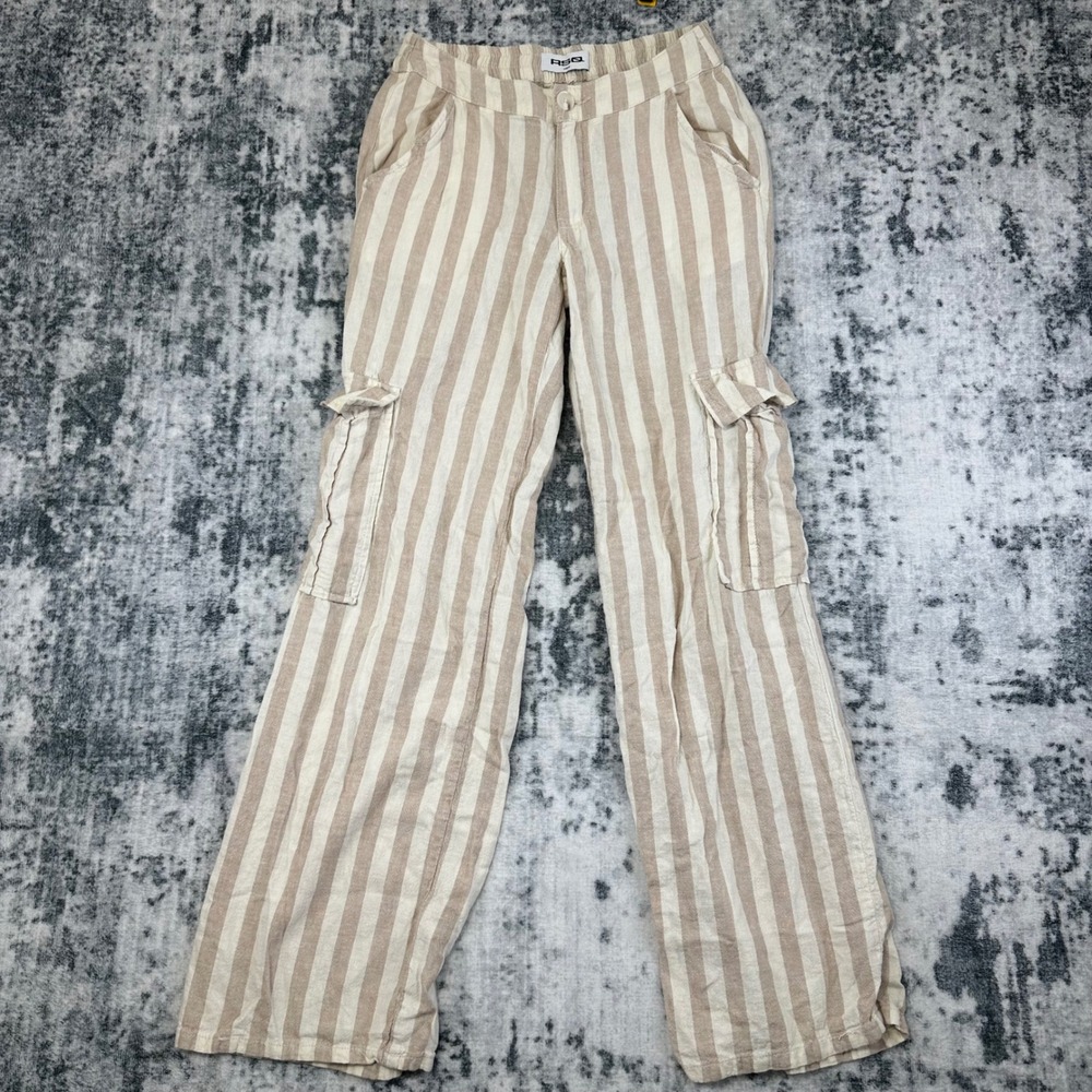 RSQ Cargo Pants Women XS Tan Striped Linen Blend Wide Leg Casual Coastal Utility - Picture 1 of 9